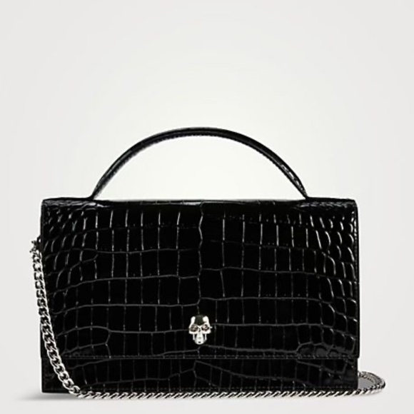 MCQUEEN Medium Skull Croc-Embossed Leather Top Handle Bag - Picture 1 of 9